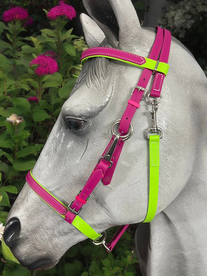 A statue of a horse is adorned with the LS Lightweight Enduro Bridle in Magenta & Apple Green by LS Equestrian NZ, perfectly complementing the lush backdrop of vibrant green leaves and vivid pink flowers.