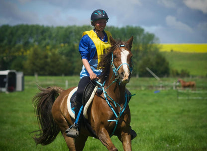 In a grassy field framed by trees and a clear blue sky, a person dressed in blue and yellow rides a brown horse outfitted with an LS Equestrian's "LS Enduro - Design your own" bridle. The rider faces forward, wearing a helmet and smiling brightly.