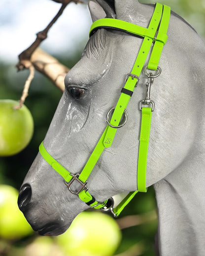 A gray horse is shown in profile wearing the LS Equestrian LS Enduro bridle, designed in a vibrant neon green with stainless steel fittings. The background features green apples and hazy foliage, evoking an outdoor orchard atmosphere.