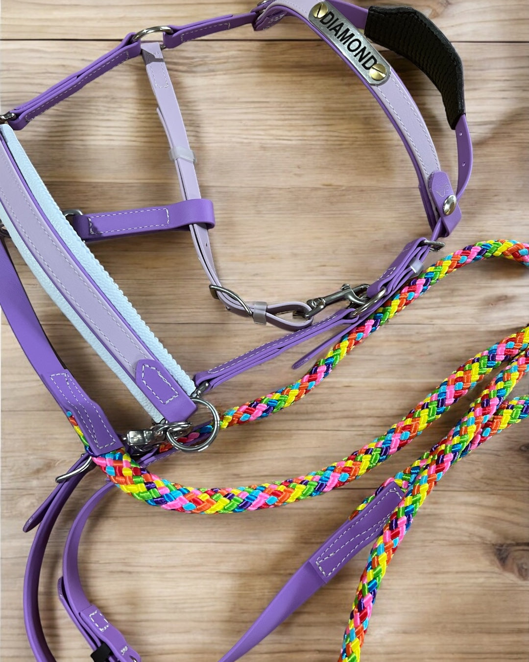 A vibrant horse bridle and reins set displayed on a wooden surface showcases a purple bridle from the LS Equestrian Enduro range, complete with a soft lining and a "Diamond" label. The braided BioThane reins, designed in eye-catching rainbow colors, offer both durability and visual appeal.