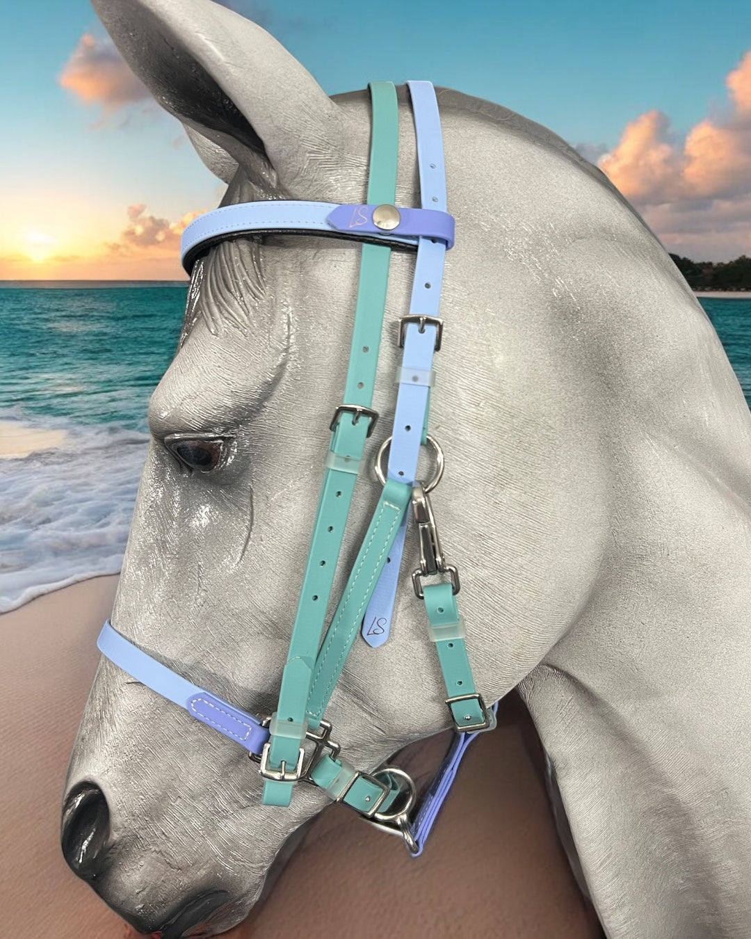 A close-up of a gray horse wearing a pastel blue and green LS BioThane®️ Deux 2 Part Bridle from LS Equestrian, meticulously handcrafted in New Zealand, set against the backdrop of a beach and ocean at sunset. Colorful clouds fill the sky, creating a serene and picturesque atmosphere.