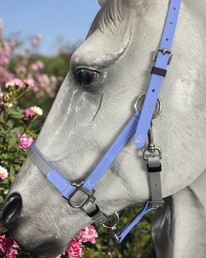 Close-up of a gray horse wearing a blue and gray LS BioThane®️ Deux 2 Part Bridle from LS Equestrian, standing beside vibrant pink flowers. The handmade bridle, crafted in New Zealand, complements the scene as the horse looks ahead, with the background elegantly blurred.