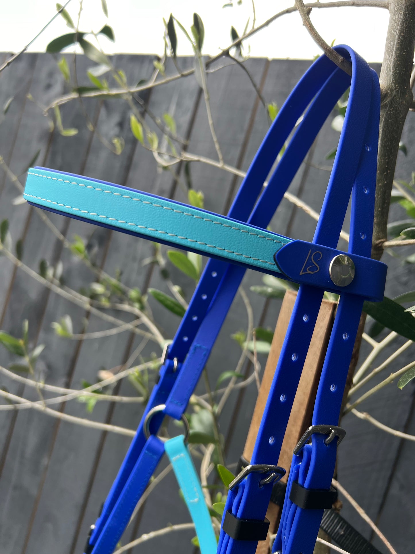 A close-up of a blue and turquoise LS Deux 2 Part Bridle Padded - Design your own, crafted by LS Equestrian in New Zealand, hangs on a tree branch with a wooden fence in the background. This stunning bridle showcases silver hardware and adjustable straps for the perfect fit.