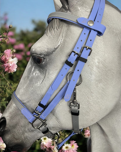 Close-up of a light gray horse wearing the LS Equestrian's LS BioThane®️ Deux 2 Part Bridle in blue, showcasing metallic buckles and a soft texture. Handmade in New Zealand, this customizable bridle beautifully contrasts against a backdrop of pink flowers and lush green leaves.