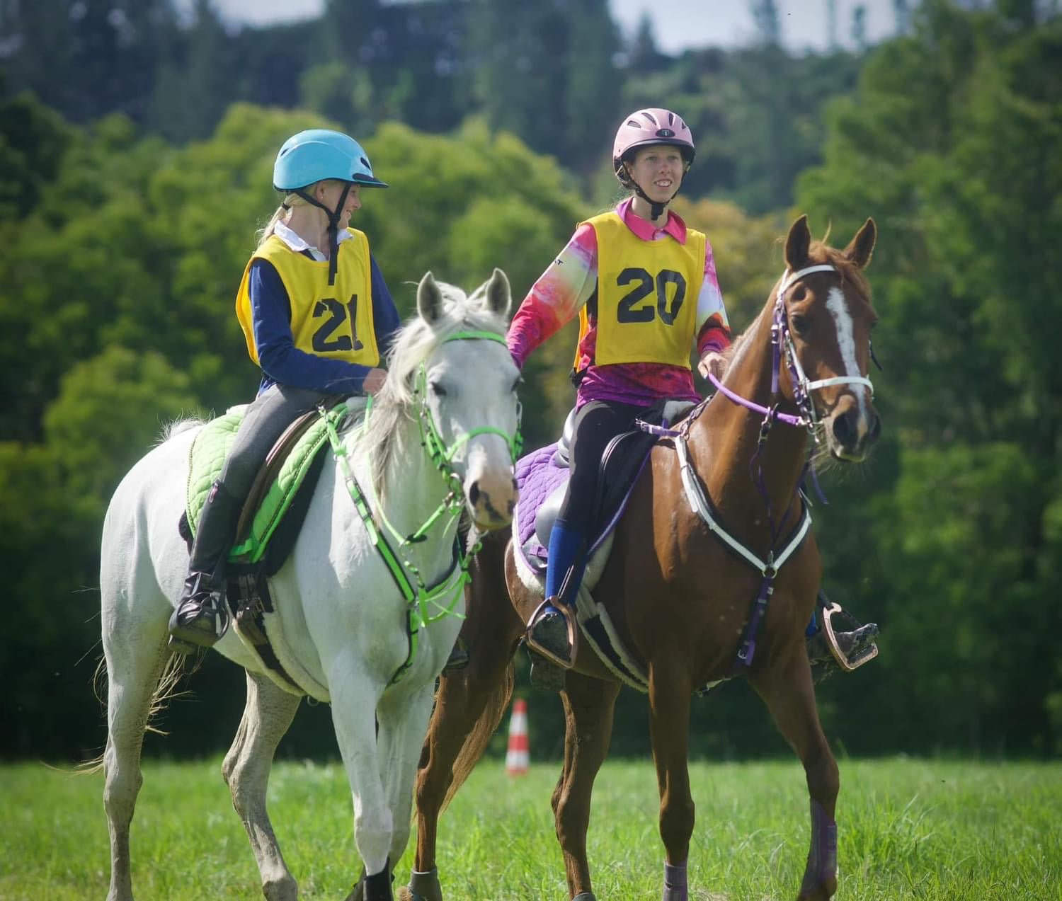 Two riders, each wearing helmets and numbered vests, navigate their horses across a grassy field. Both horses are fitted with vibrant saddles, reins, and an LS Equestrian LS Enduro - Design your own bridle. In the background, trees stand tall against a blue sky.