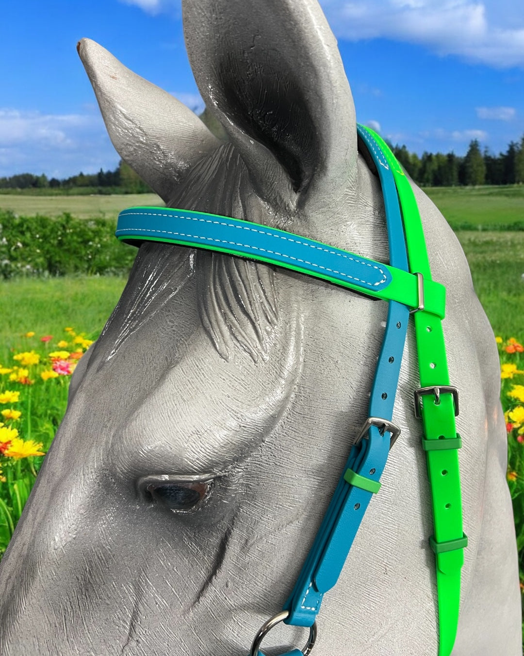 A gray horse wears a vibrant blue and green LS Equestrian SidePull Bitless Bridle Option 2. In the background, a meadow with yellow and orange flowers basks under a clear blue sky.