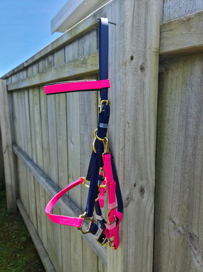 A Bridle - Halter Bridle Navy & Pink from LS Equestrian with blue and bright pink straps and gold-colored metal fittings hangs on a wooden fence. The background includes part of the fence, green grass, and a clear blue sky. Nearby, endurance bridles are neatly arranged, ready for an adventurous ride.